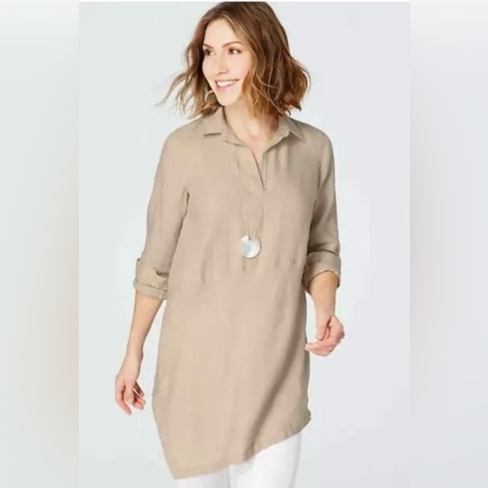 J.Jill Love Linen Natural Asymmetrical V-Neck Tunic Blouse size M